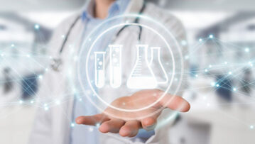 Doctor on blurred background holding digital analysis result icons 3D rendering