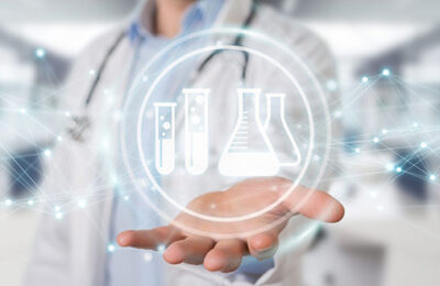 Doctor on blurred background holding digital analysis result icons 3D rendering